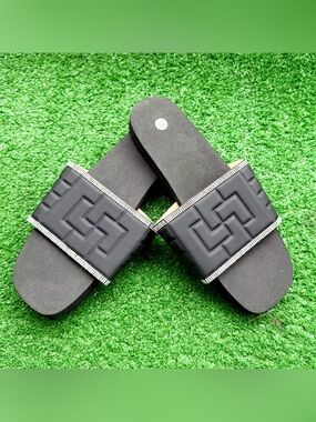 Geometric Embossed Black Slide Sandals Rhinestone Trim US Women's 8